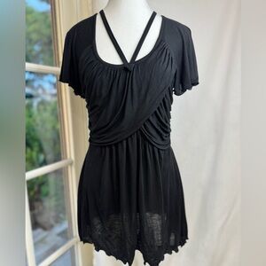 Black Babydoll Tunic Top with Scalloped Hem & Ruffle Detail